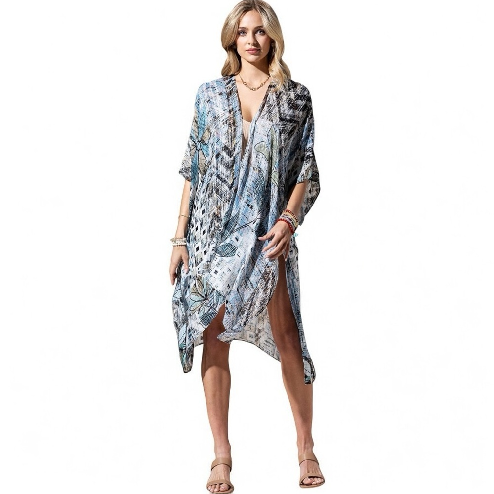 Blue Floral Multi Kimono Cover-Up Wrap Sarong Scarf OSFM